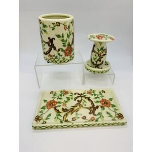 VTG Amita Floral Porcelain Soap Dish Toothbrush Holder Cup Bathroom Vanity Set